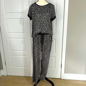 Lucky Brand Gray and Black Leopard Print Pajama Set with Relaxed Fit Pockets